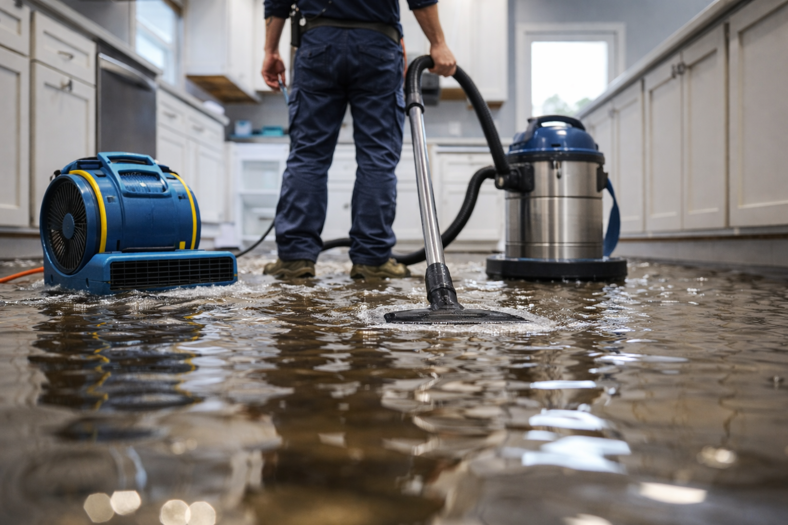 cleaning up water damage in a kitchen full of standing water